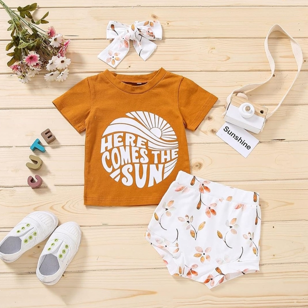 Baby Girl Summer Set Mustard Yellow T-Shirt Floral Bloomers Matching Headband